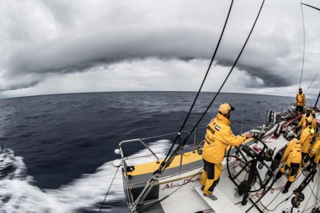 Abu Dhabi Ocean Racing - Riding the front downdraft from a massive wall cloud, Ian Walker drives Azzam to windward around Dongfeng 4 nm away en route to Auckland - Volvo Ocean Race 2014-15 © Matt Knighton/Abu Dhabi Ocean Racing